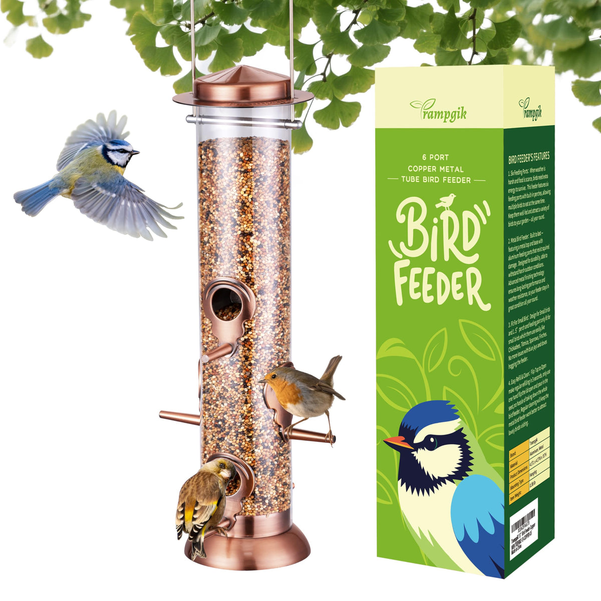 TrampgiK bird feeder outdoors with six ports inviting multiple birds.