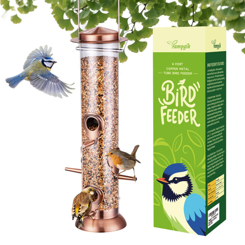 TrampgiK bird feeder outdoors with six ports inviting multiple birds.