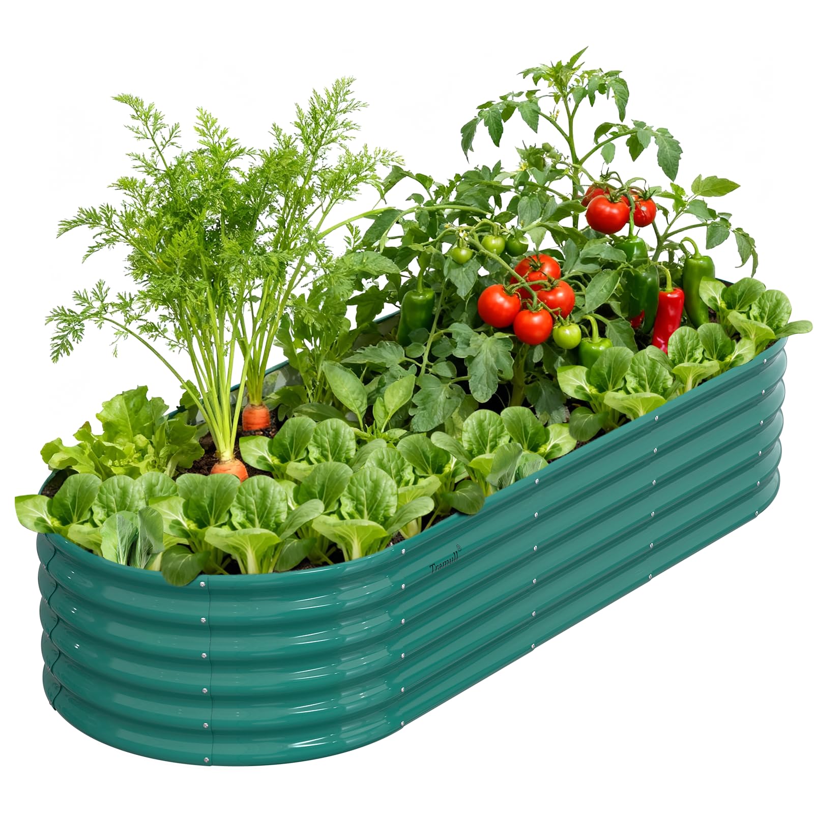 Tramull raised garden bed front view showing durable galvanized steel construction for outdoor planting