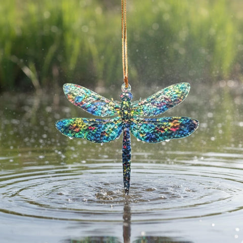 TRANGLE Acrylic dragonfly ornament with multicolor panels enhances sunlit spaces.