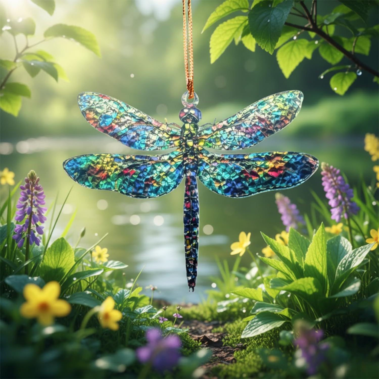 TRANGLE Faux stained glass dragonfly decor brightens outdoor garden windows.