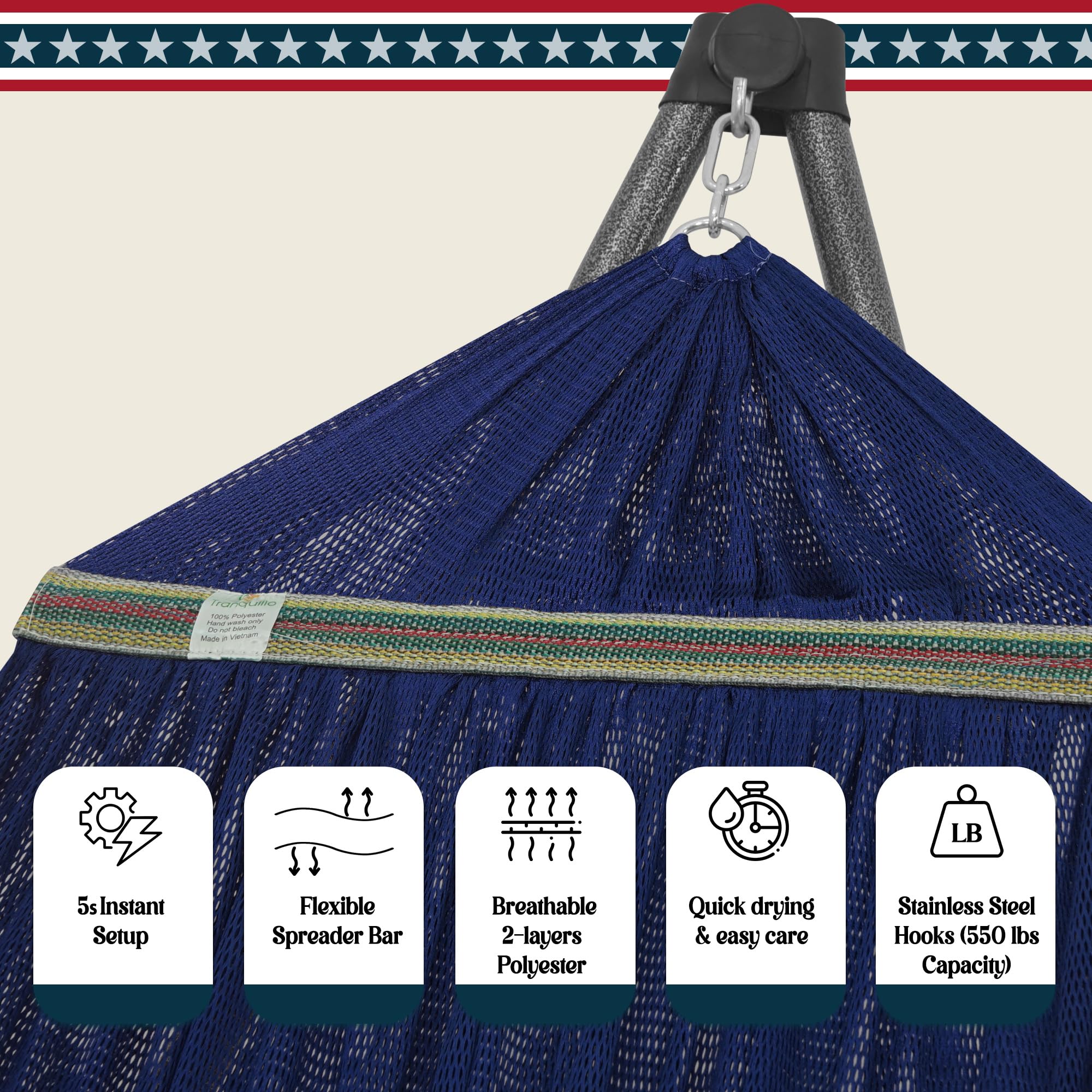 Tranquillo Uniki hammock on 550 lbs capacity steel stand.