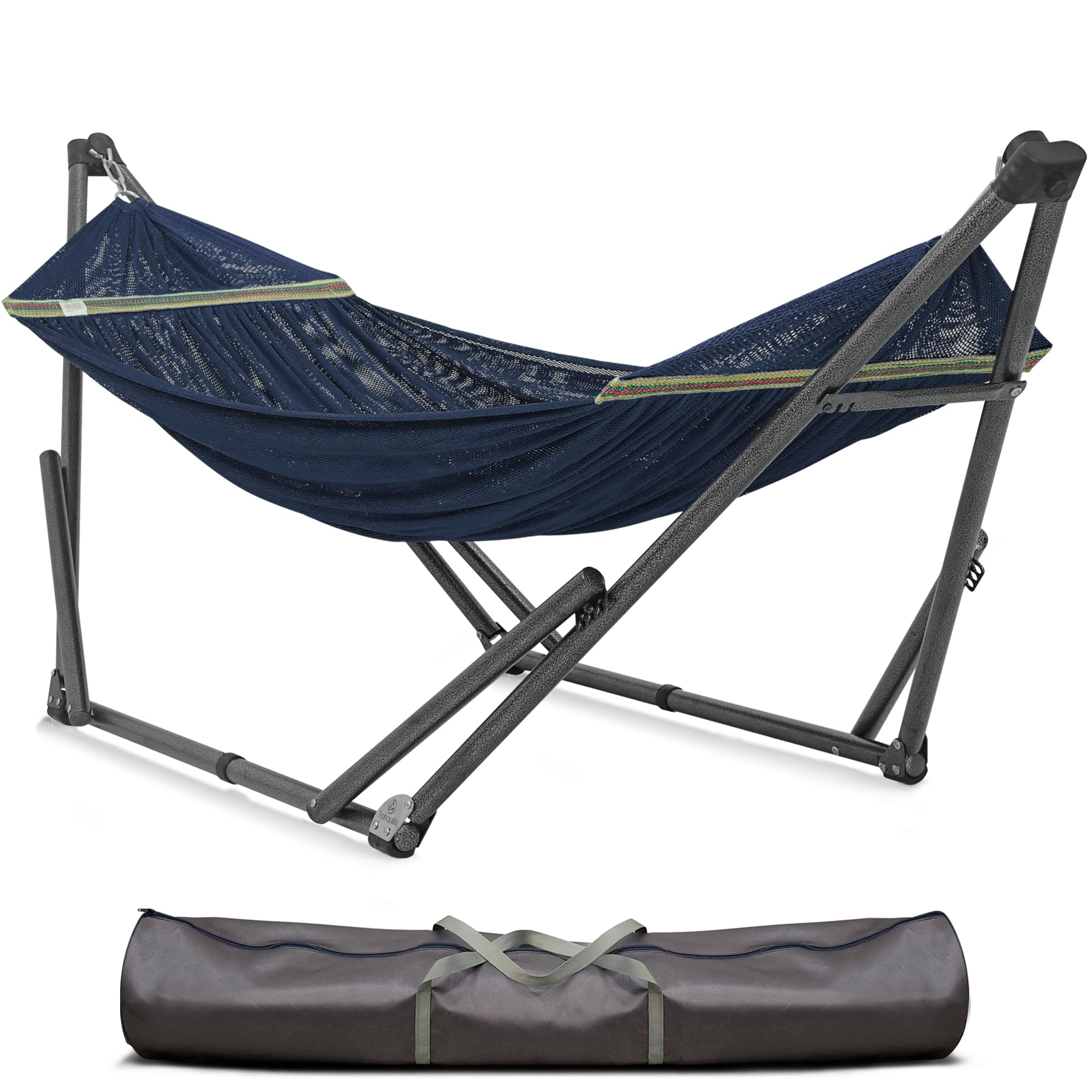 Tranquillo Uniki hammock on collapsible stand for easy transport and quick setup.