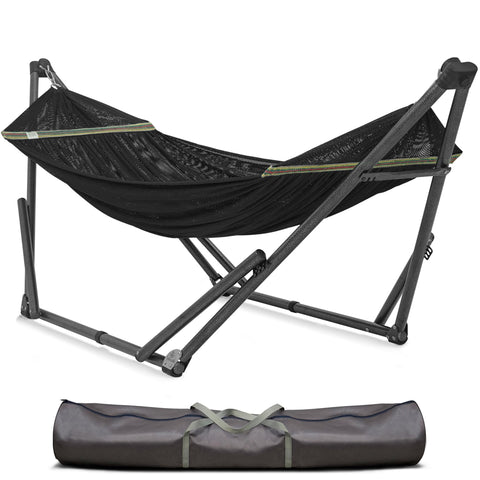 Tranquillo Uniki Hammock Stand setup for quick indoor or outdoor relaxation.
