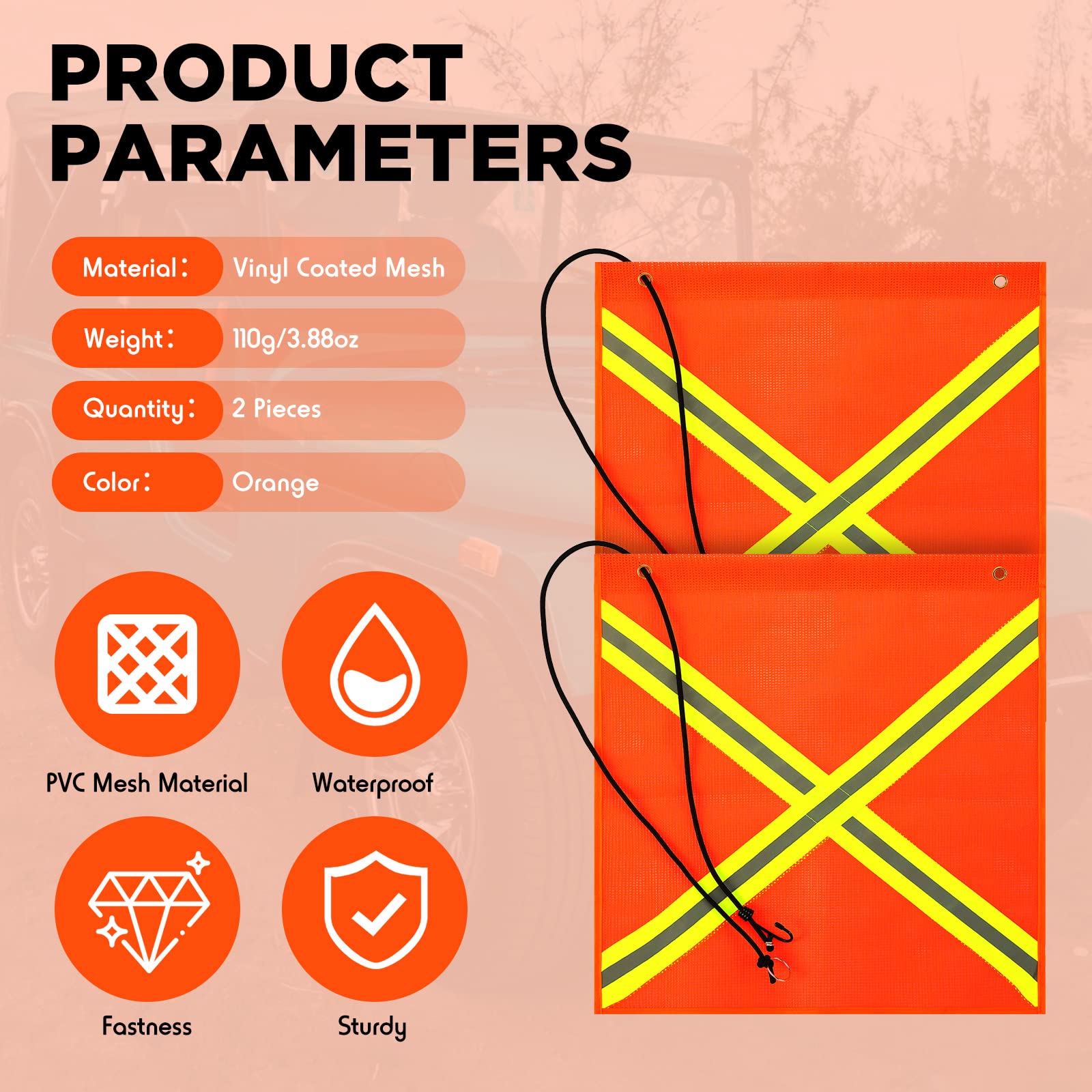 Tranqun 18x18 safety flag on a large trailer showing durable PVC mesh material.