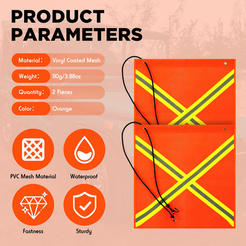 Tranqun 18x18 safety flag on a large trailer showing durable PVC mesh material.