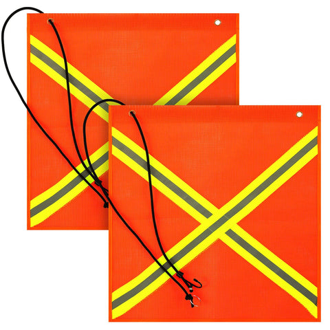 Tranqun 18x18 safety flag on a truck with wind-friendly mesh and bright orange color.