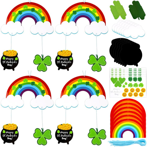 Tranqun St Patrick's Day mobile craft kit shows colorful shamrocks for kid-friendly home decor.