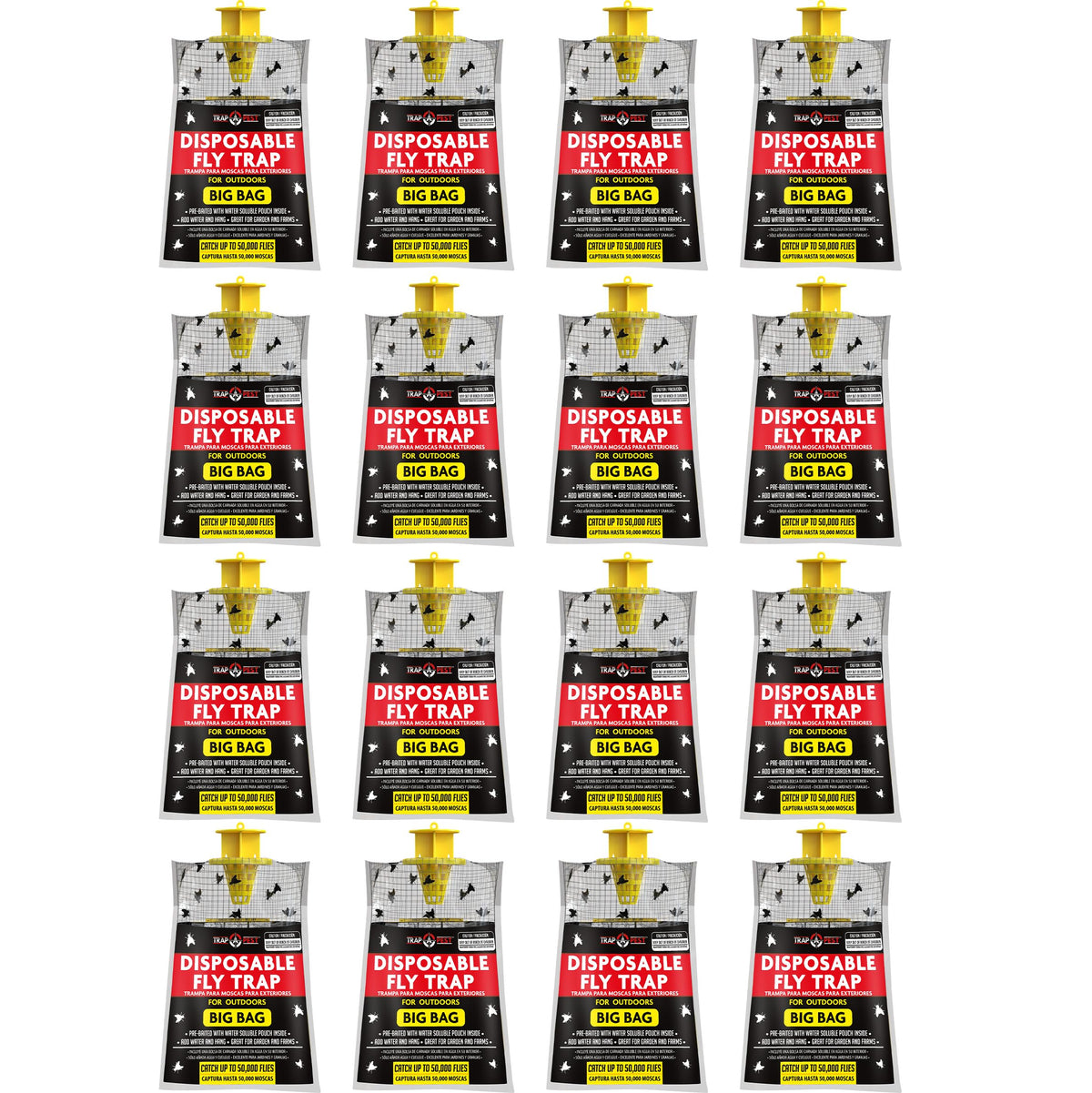 TRAP A PEST 16 Pack Big Bag Fly Trap outdoors hangs to deter flies.