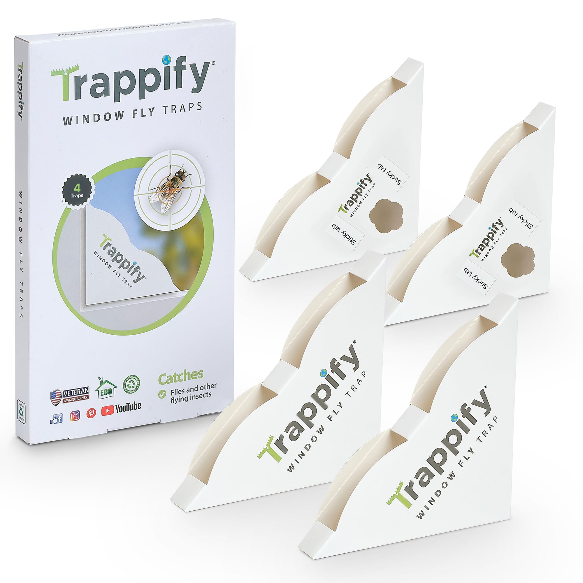 Trappify window fly trap adhesive strip in use to capture insects.