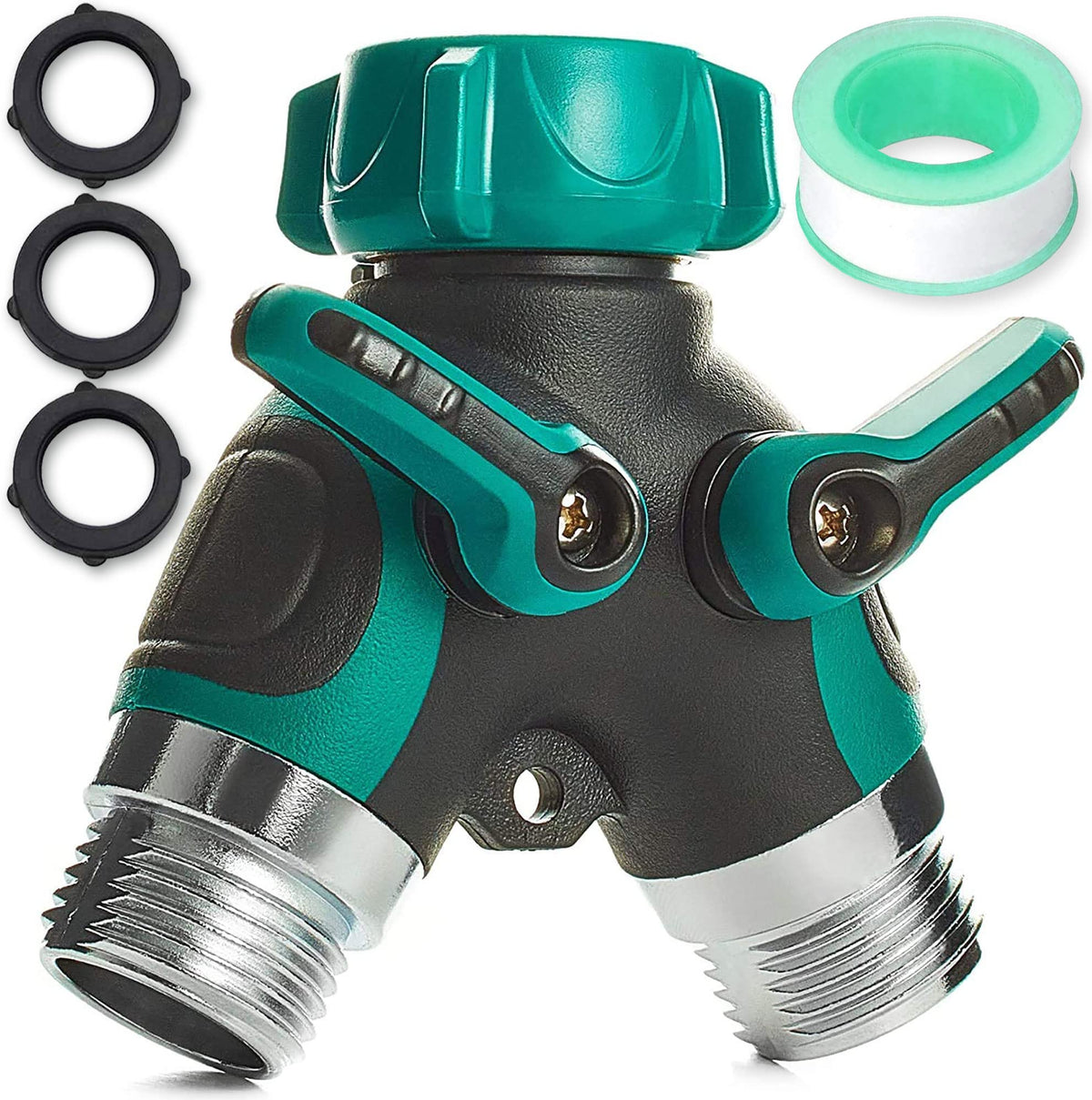 Trazon garden hose splitter with metal body, ideal for two simultaneous water sources.