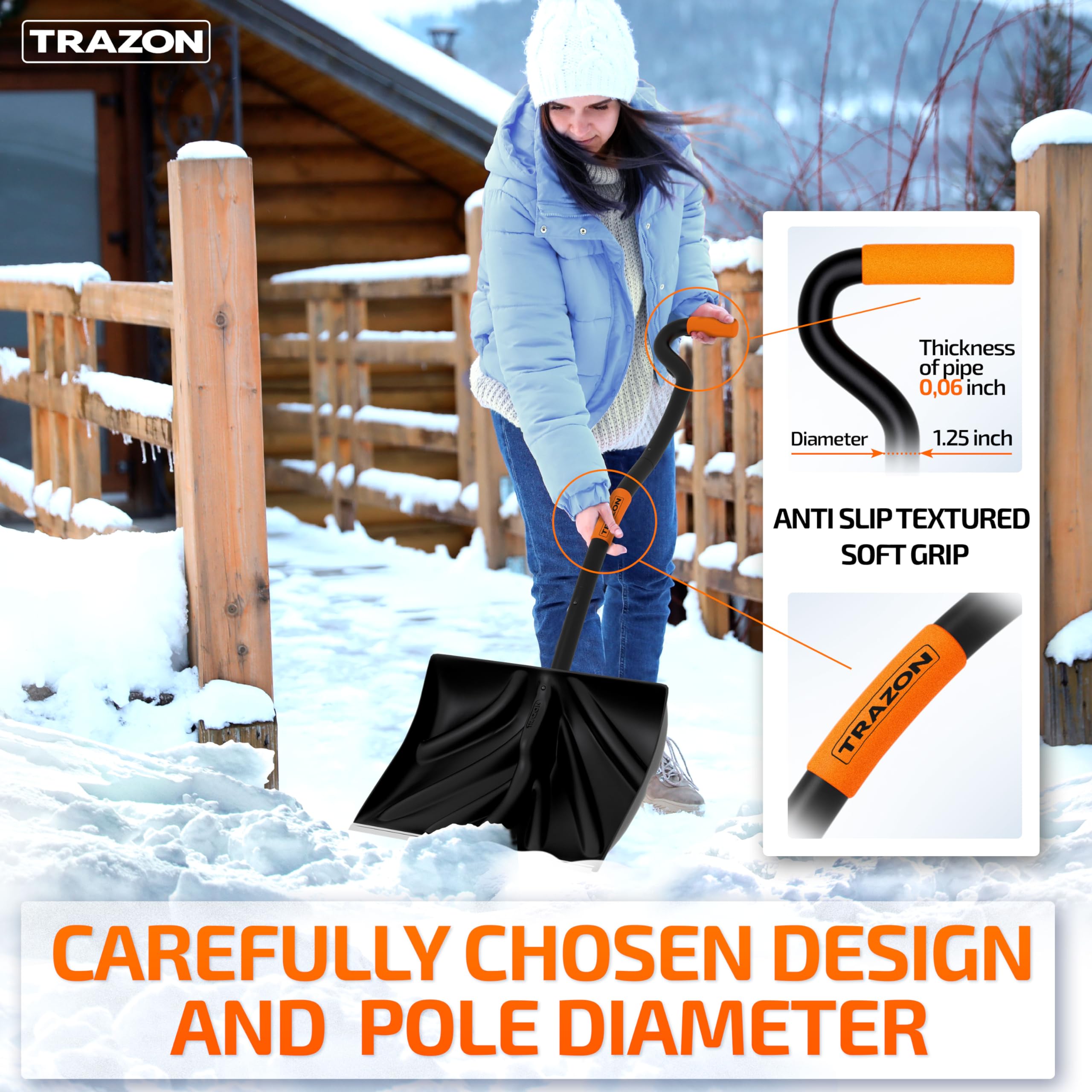Trazon snow shovel aluminum strip reinforces blade for durability