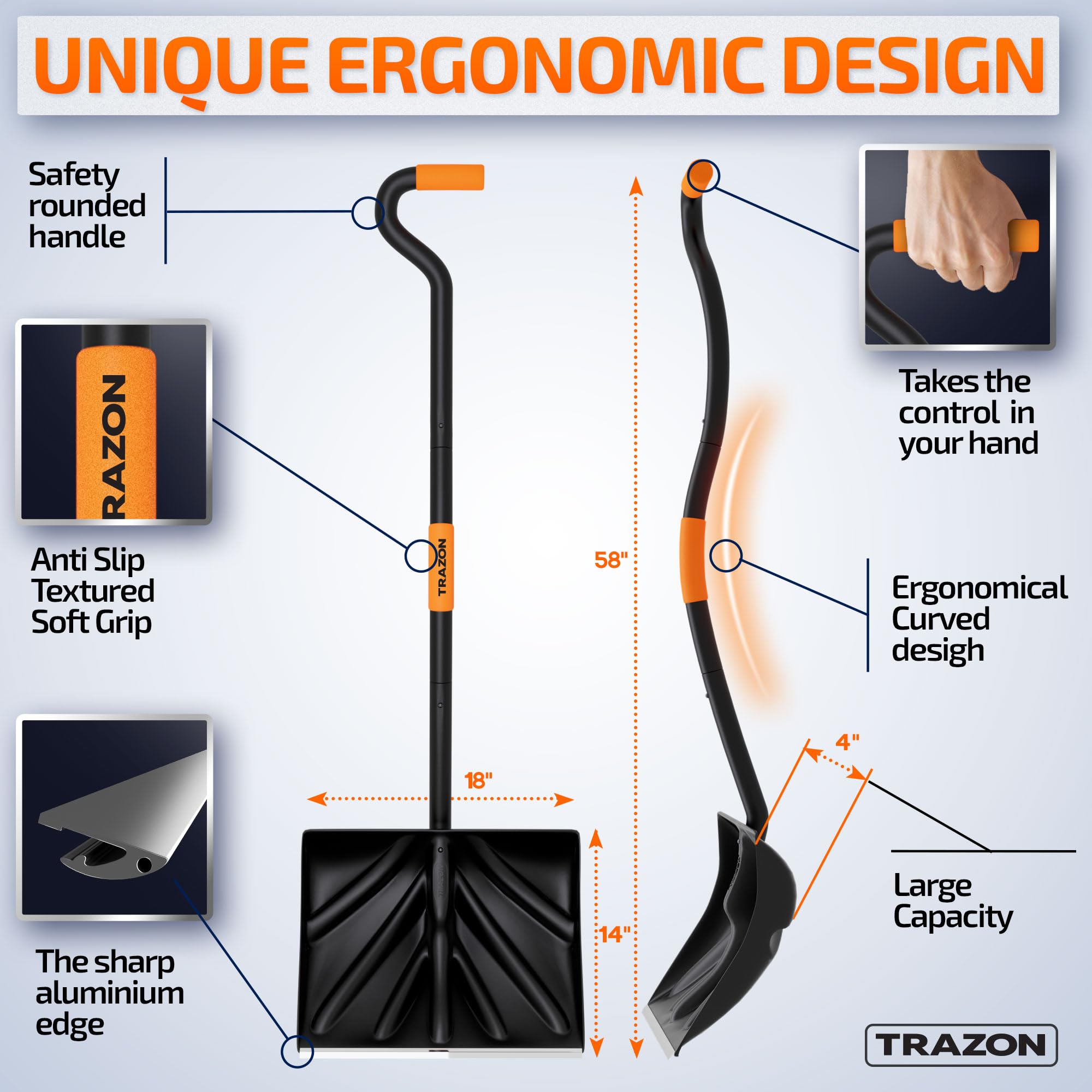 Trazon snow shovel handle provides ergonomic grip to reduce fatigue