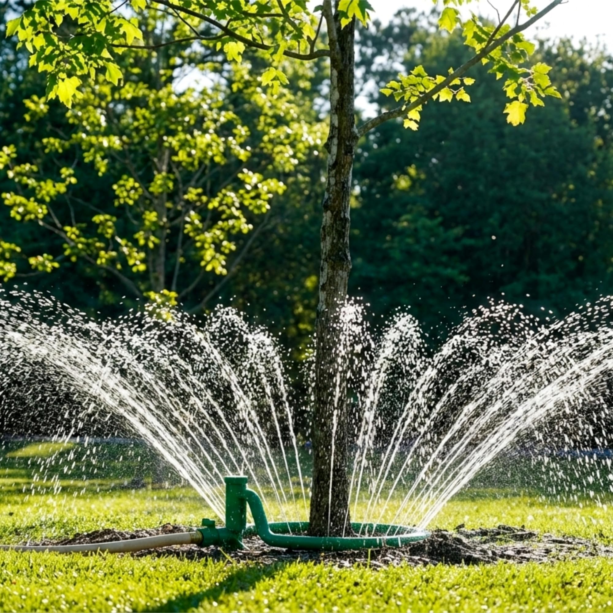Tree Hugger Tree Watering Ring with 360° outward spray for targeted root hydration.
