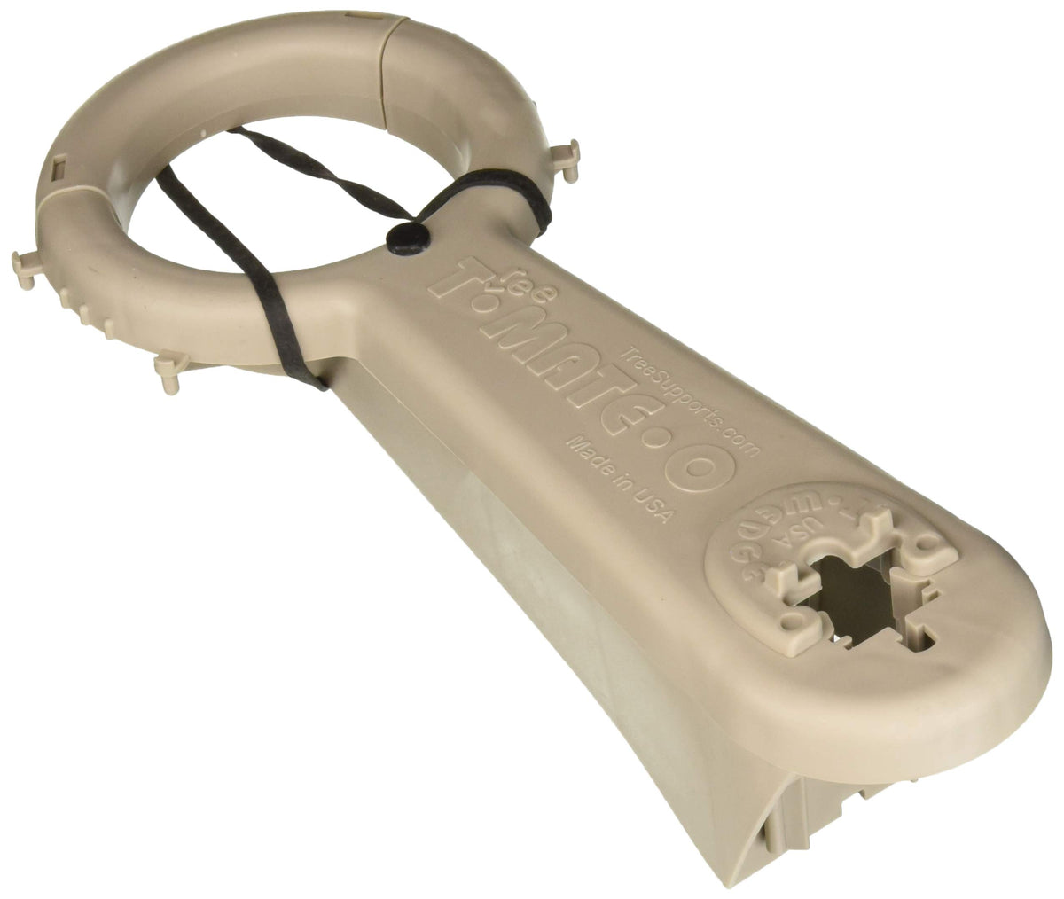 Tree-Mate-O tree support with adjustable ring for protective, reusable stabilization of a young tree.