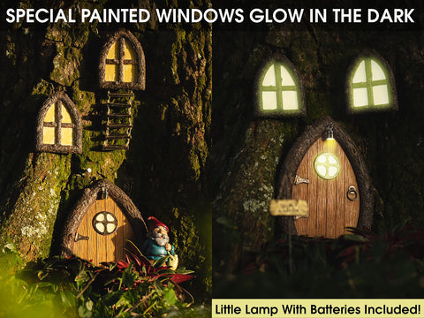 Tree Poetry fairy windows glow at night, adding magical ambience outdoors.