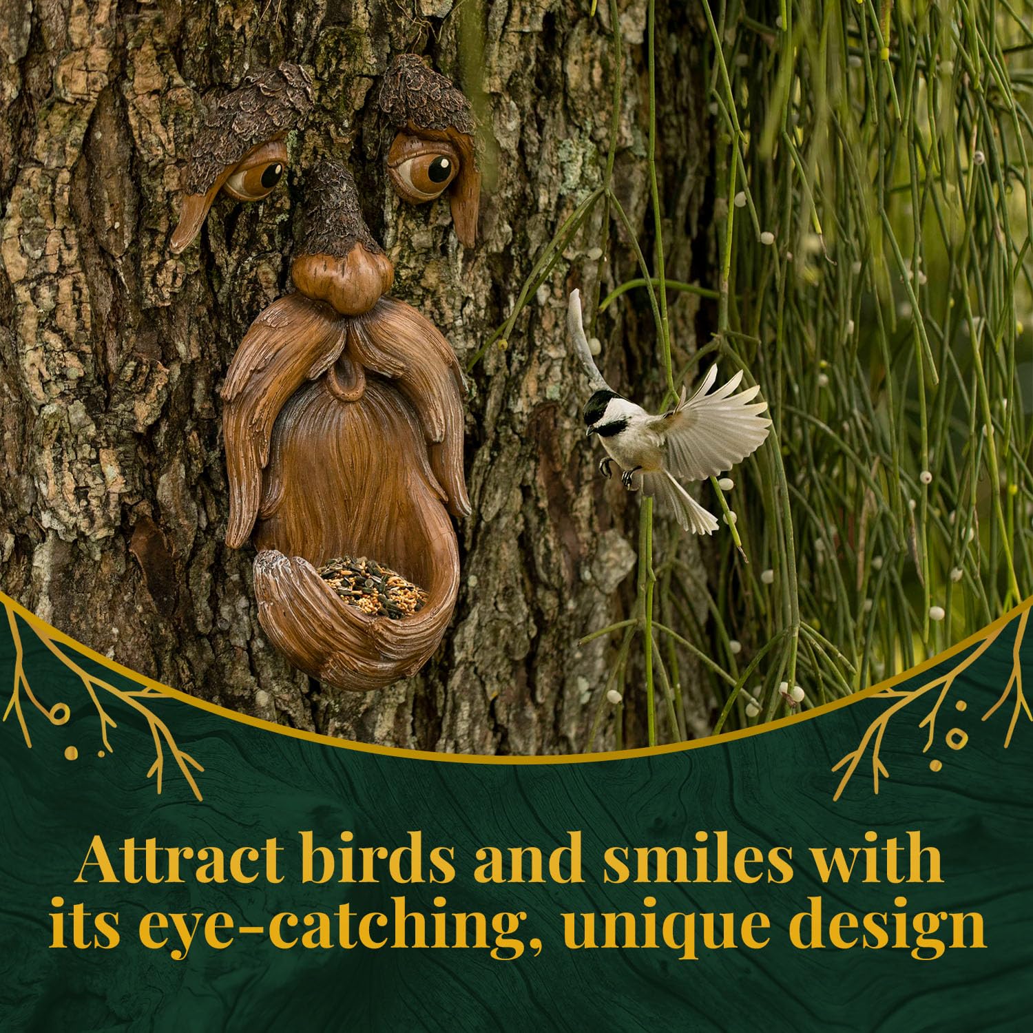 Tree Poetry polyresin durability supports year-round garden art.