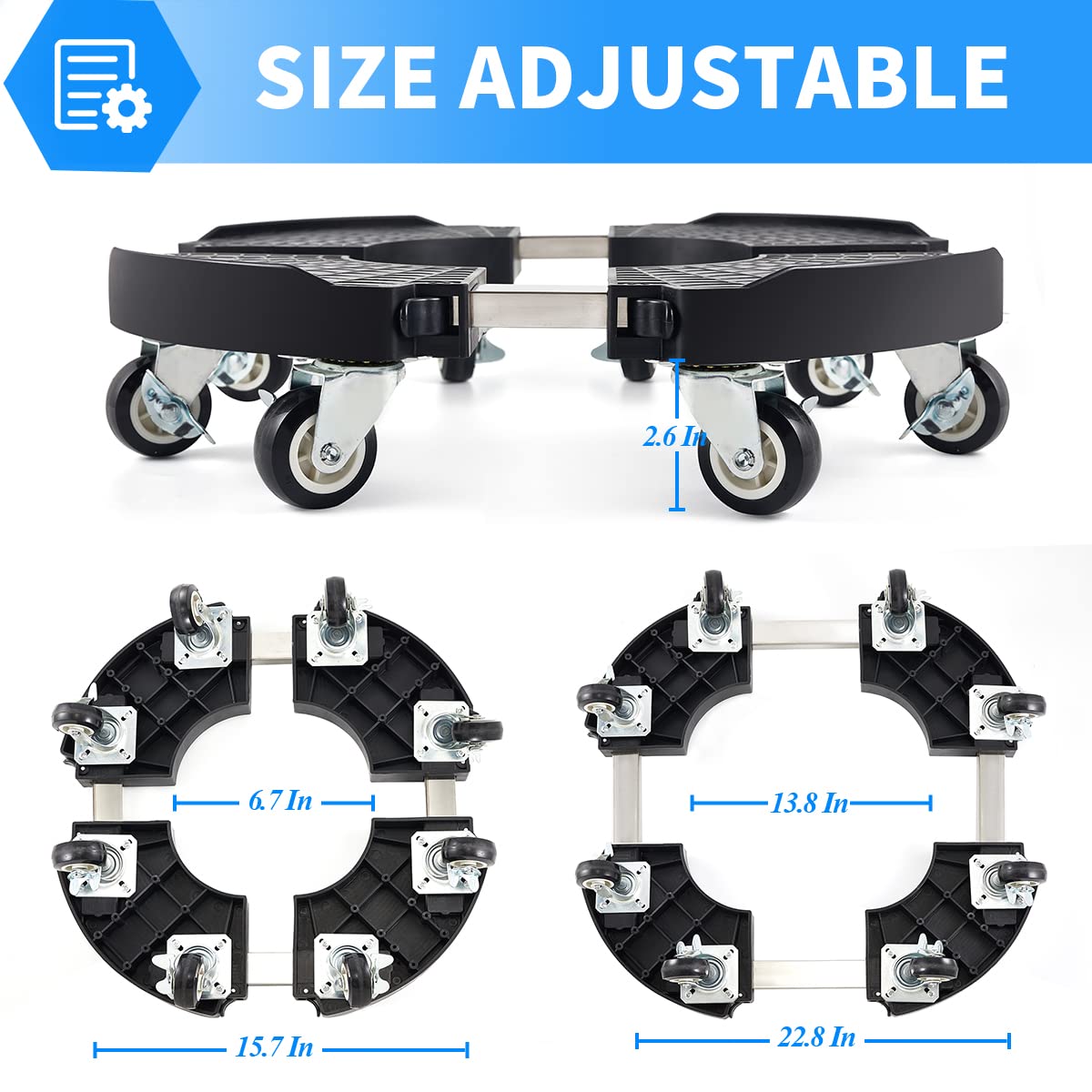 TreeGun plant caddy with adjustable inner and outer diameter supports 8–22 inch pots.