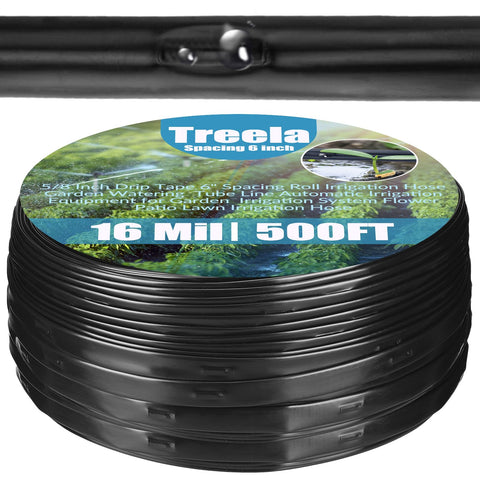 Treela drip tape 500ft 5/8in 6in spacing for uniform garden irrigation