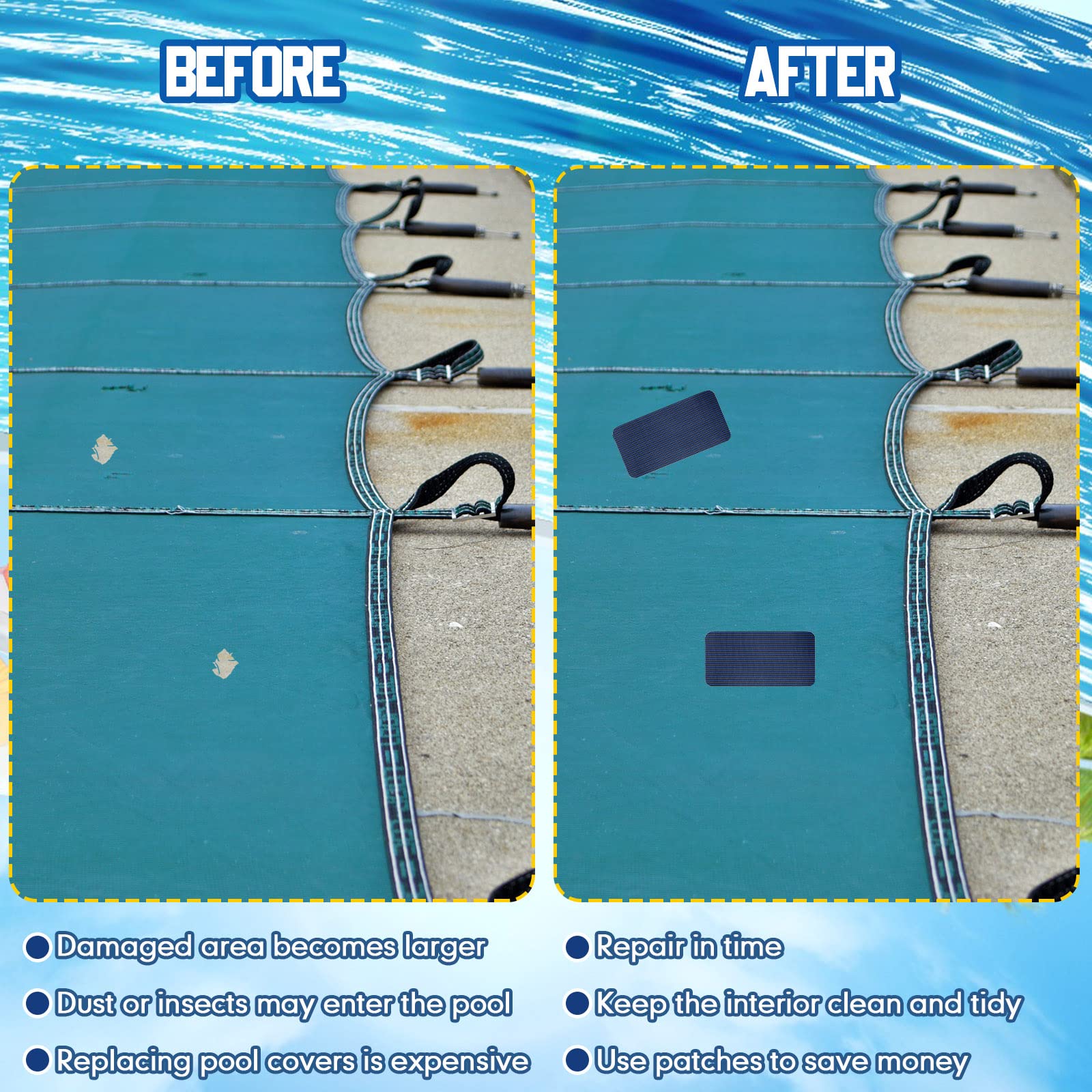 Treela tear-repair patch seals worn areas on pool covers.