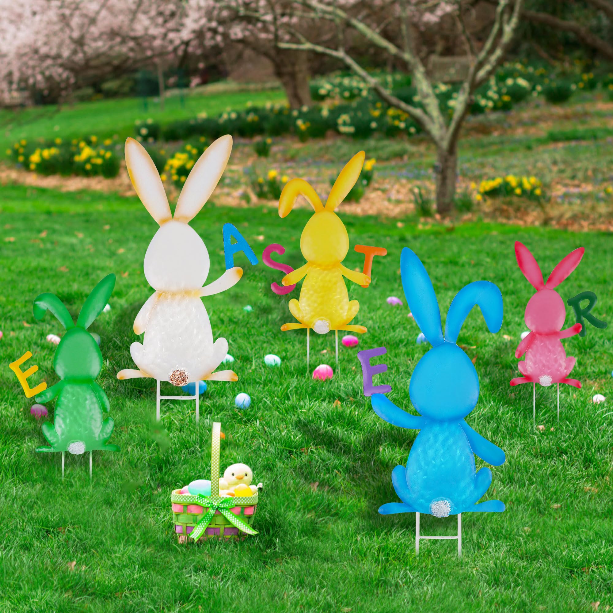 Treewoll bunny stake with green finish enriches lawns and pots.