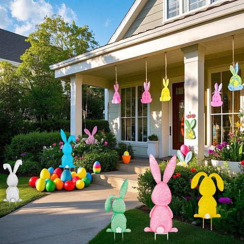 Treewoll front porch display with all five bunnies for seasonal cheer.