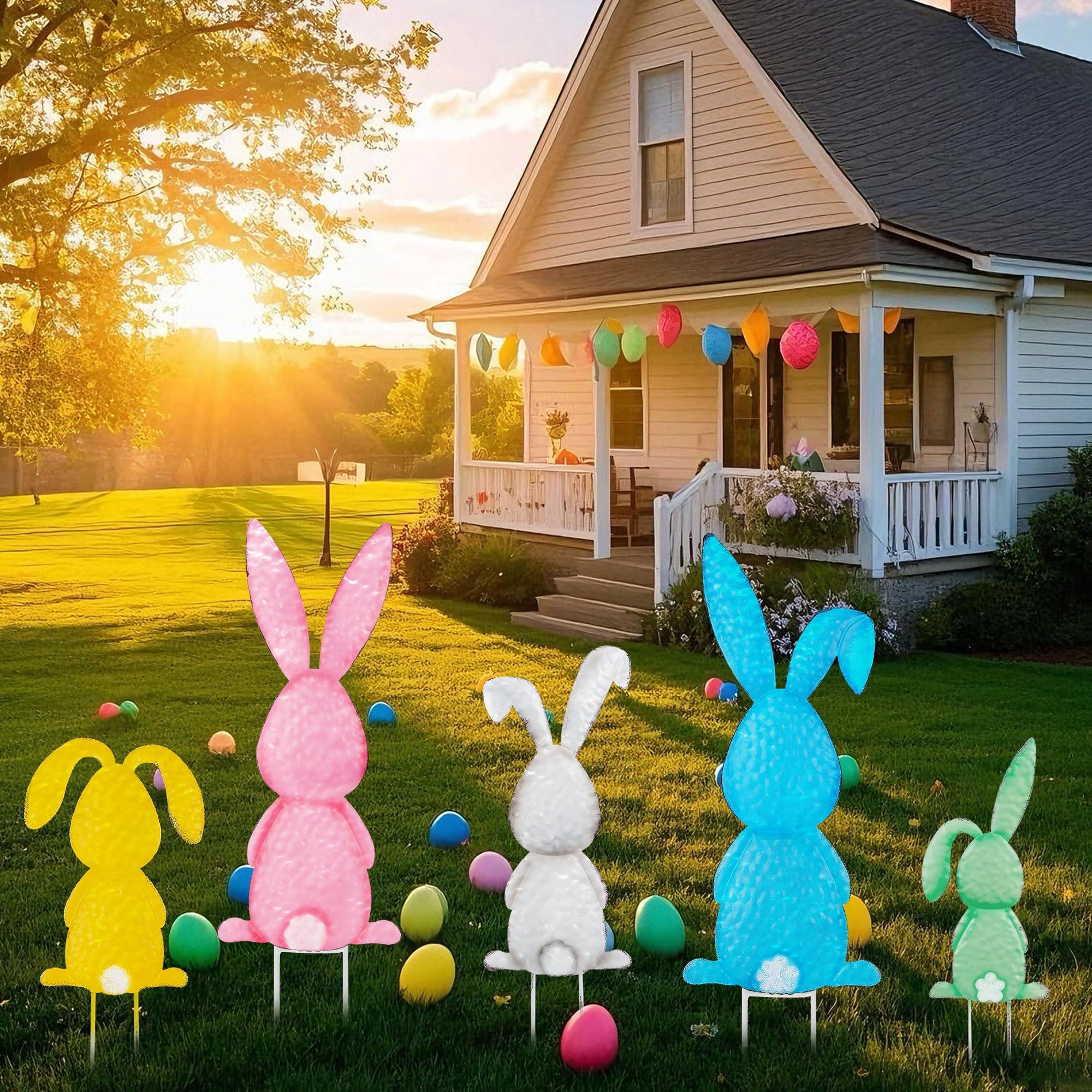 Treewoll Easter bunny set on display for festive yard decoration.