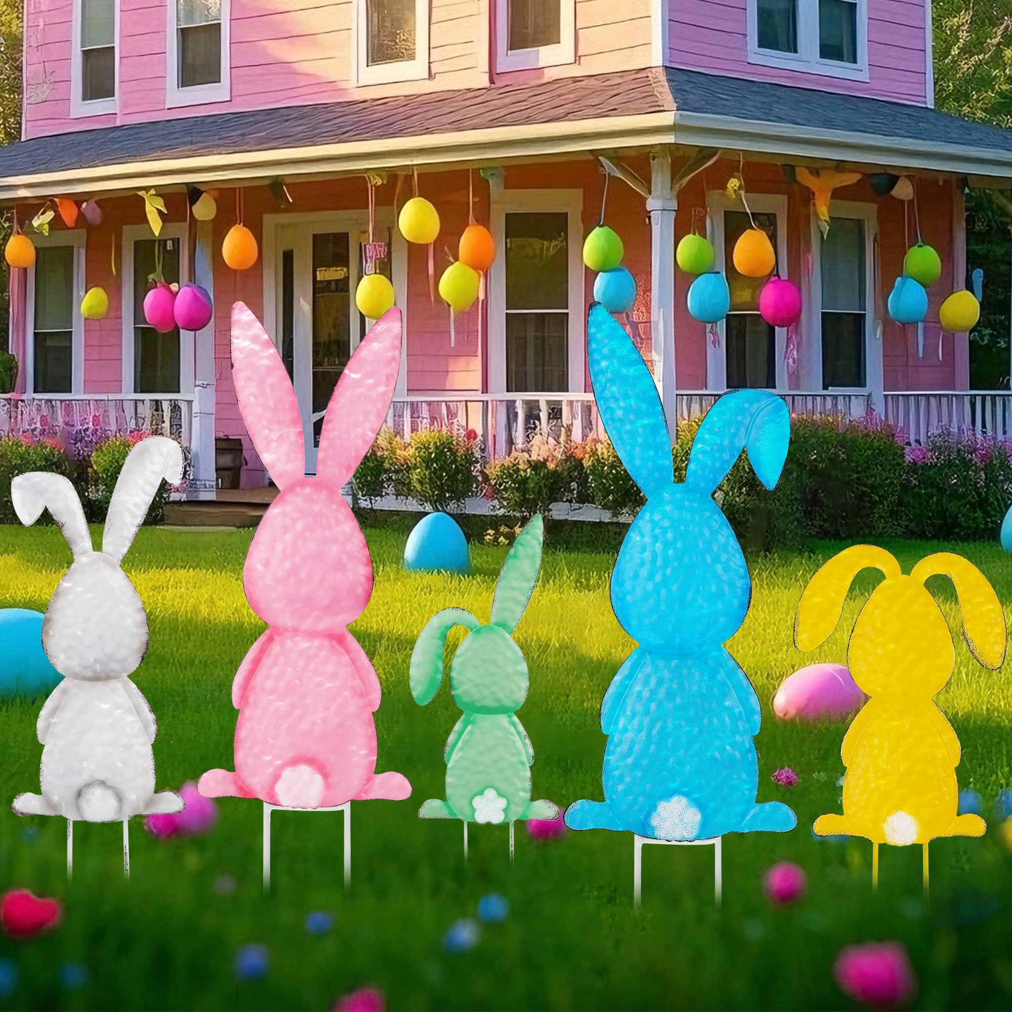 Treewoll Easter bunny stake in green offers rustic charm for pathways.