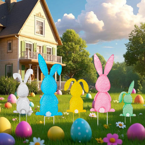 Treewoll bunny stake planted in soil invites guests to your entry.