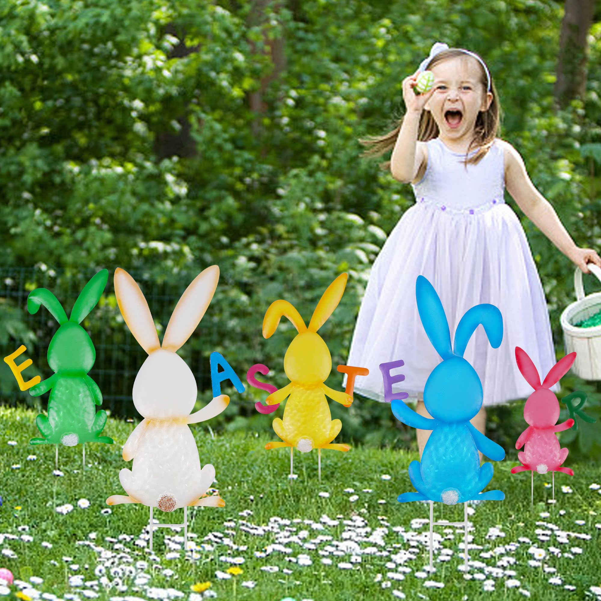Treewoll Easter letters held by bunnies spell EASTER playfully.
