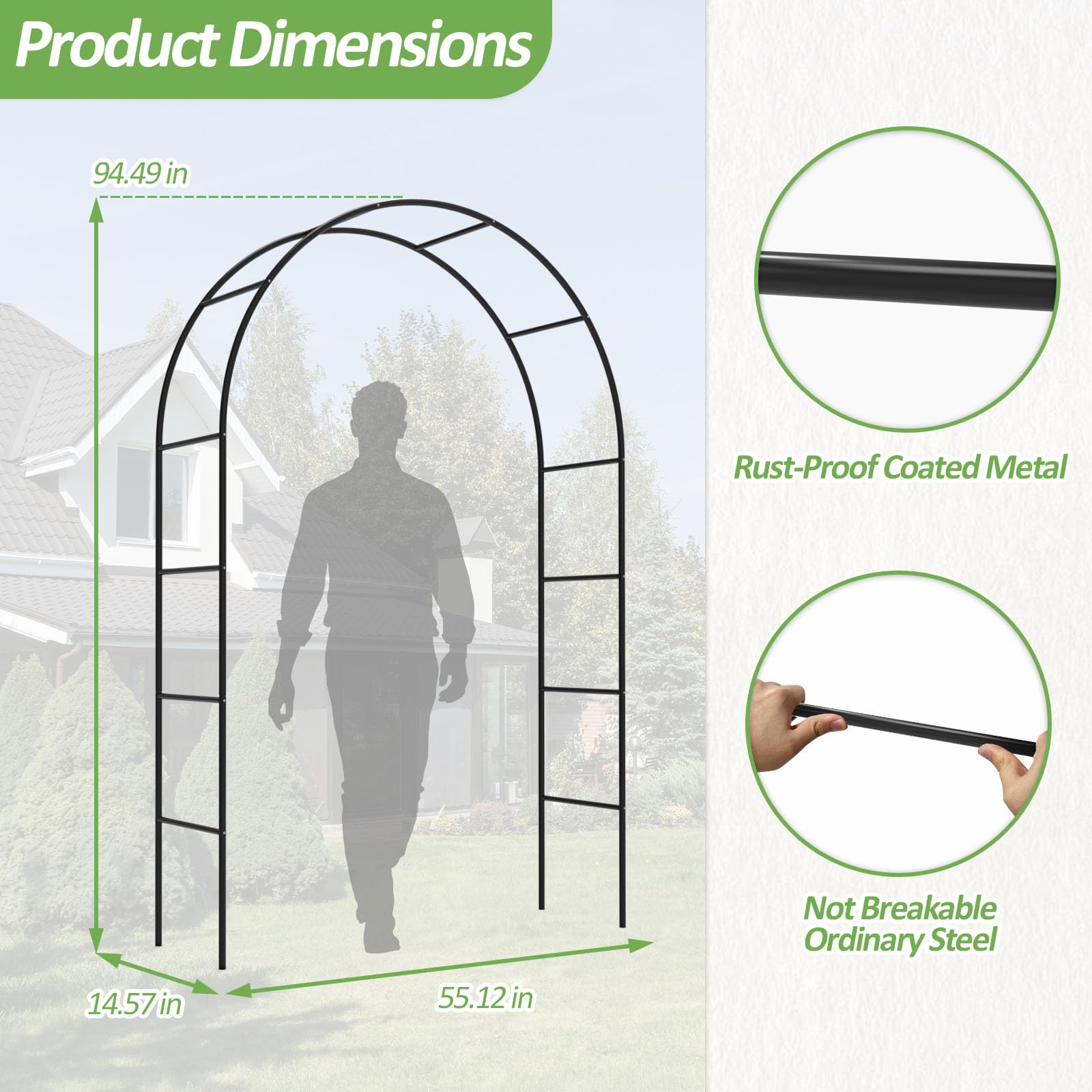 Trellume Garden Arch features a rust-proof coating for weather-resistant outdoor display.