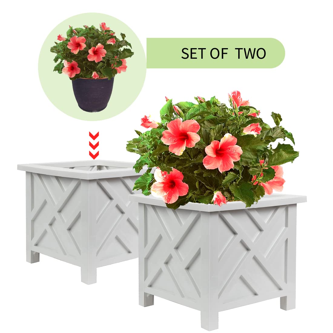 Trenton Gifts Chippendale white planters side view highlight lattice pattern for outdoor decor.