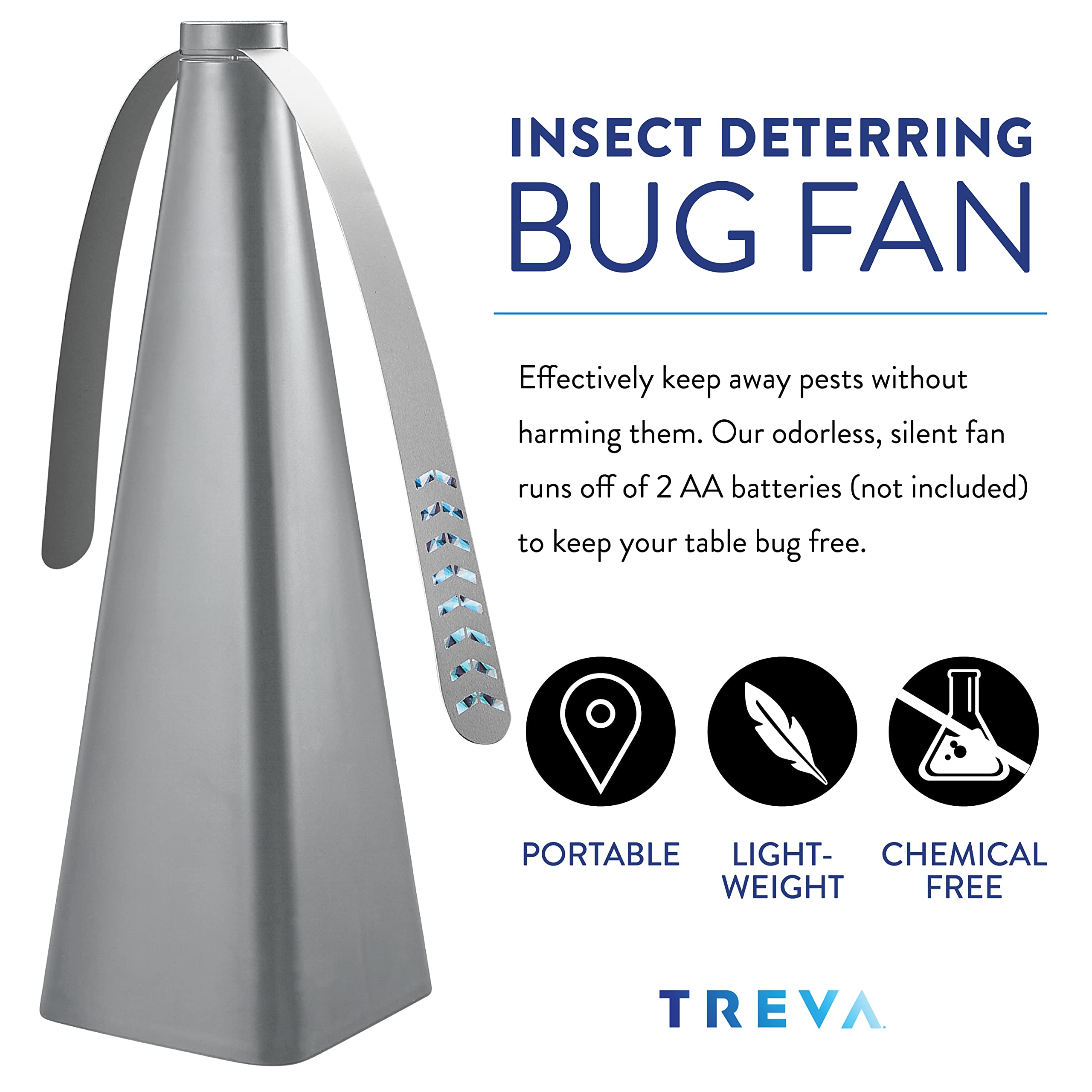 Treva Bug Fan shows reflective pattern to discourage flying insects near seating