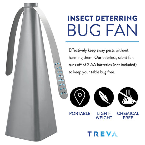 Treva Bug Fan shows reflective pattern to discourage flying insects near seating