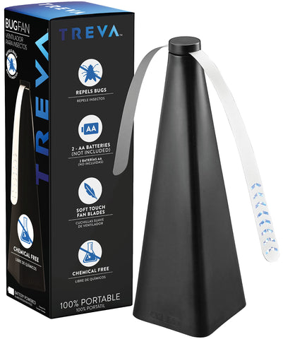 Treva bug fan's reflective pattern deters mosquitoes and flies by refracted light.
