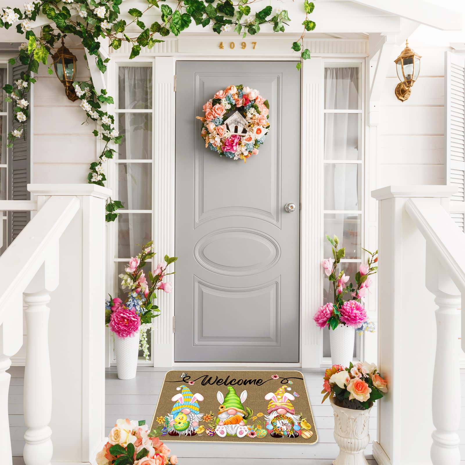 TREWAVE Easter entry doormat with non-slip backing protects indoor floors.