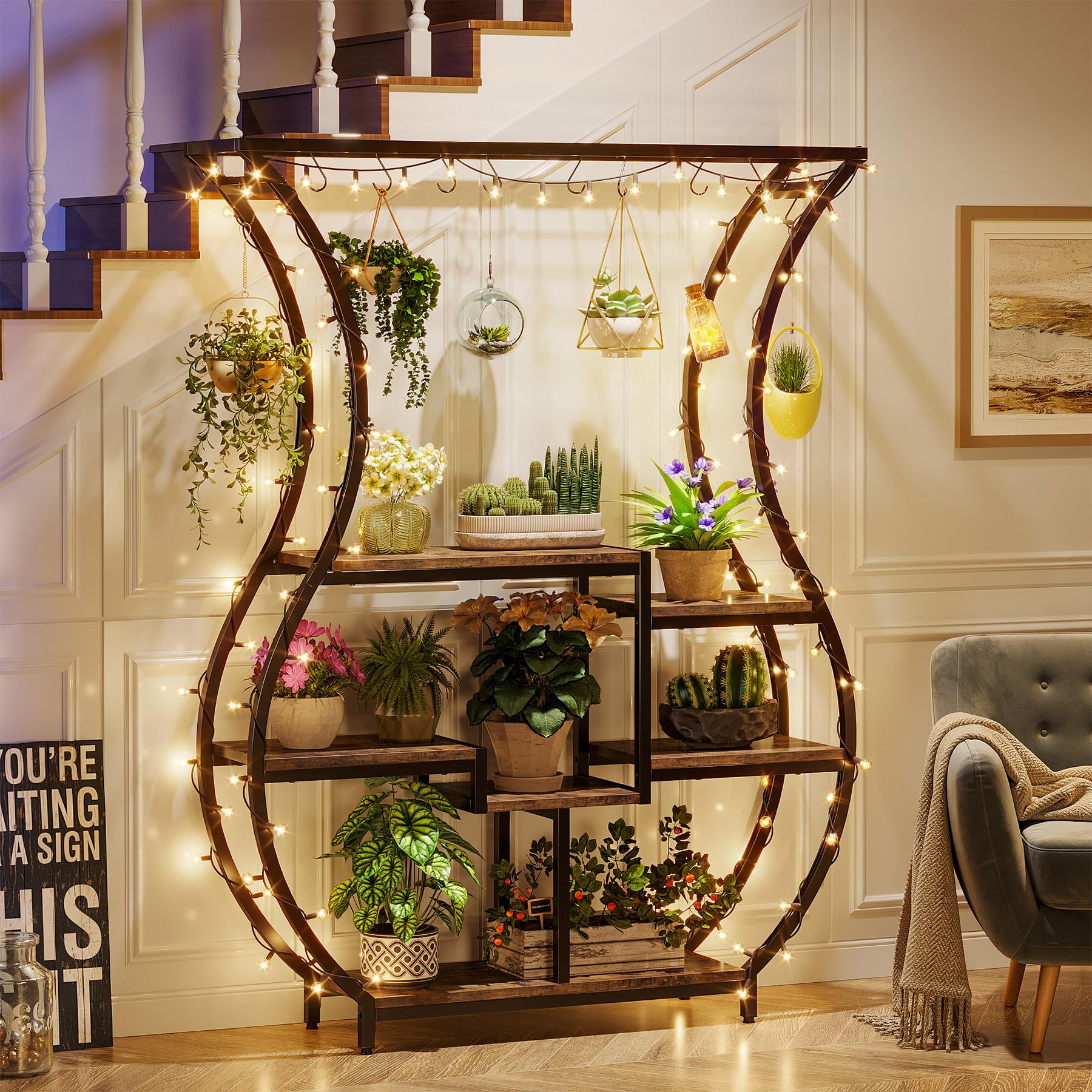 Tribesigns vase-design plant rack adds a unique focal point while keeping pots organized.
