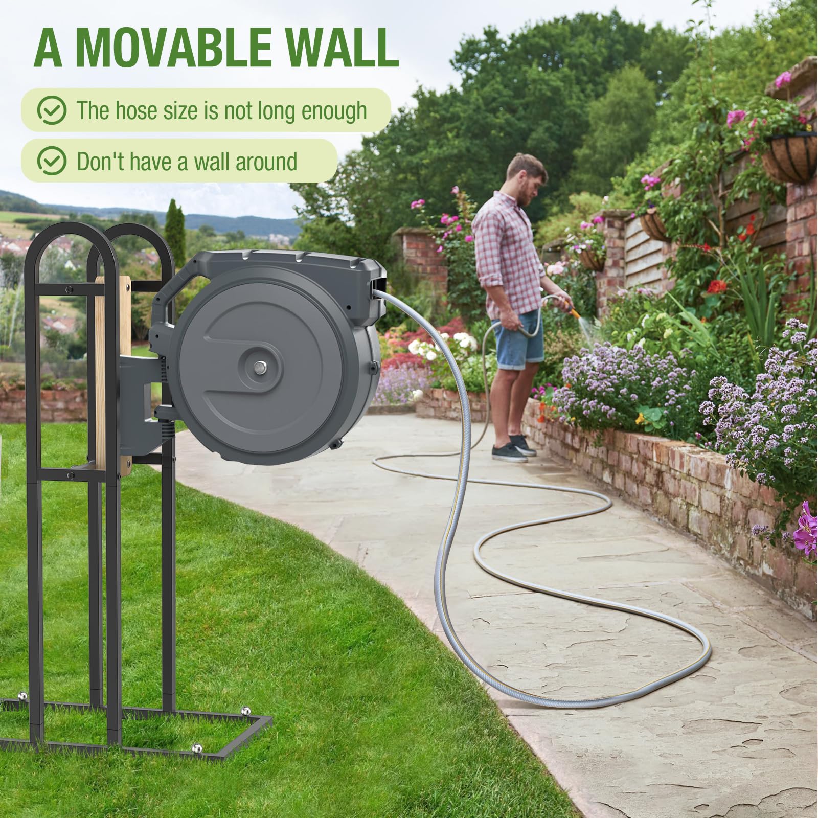 Trieez hose reel stand base stability with four-pronged support.
