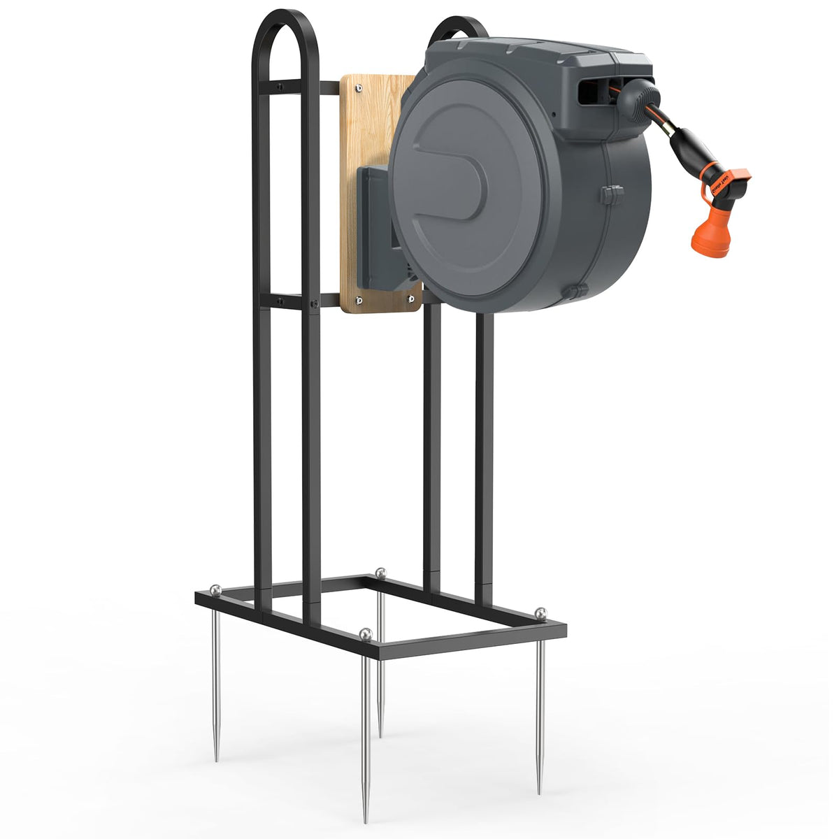 Trieez retractable hose reel stand front view, freestanding and wall-free.