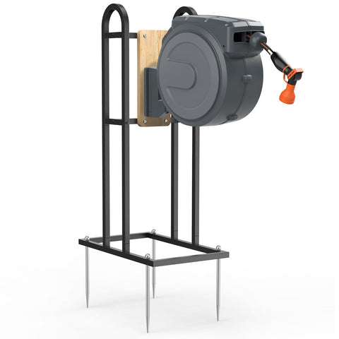 Trieez retractable hose reel stand front view, freestanding and wall-free.