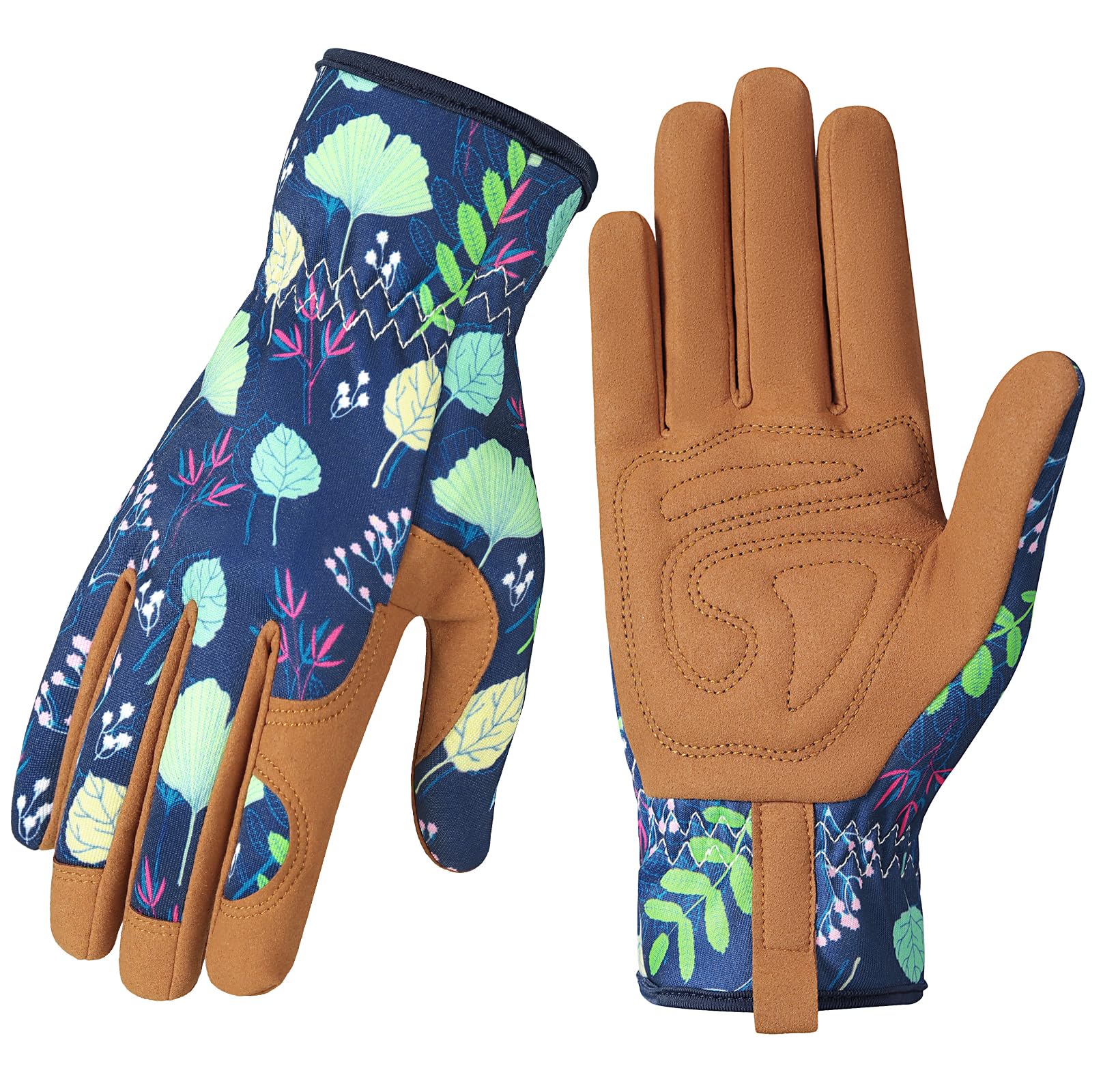Trifabricy garden gloves with floral back pattern provide breathable protection for planting and weeding.