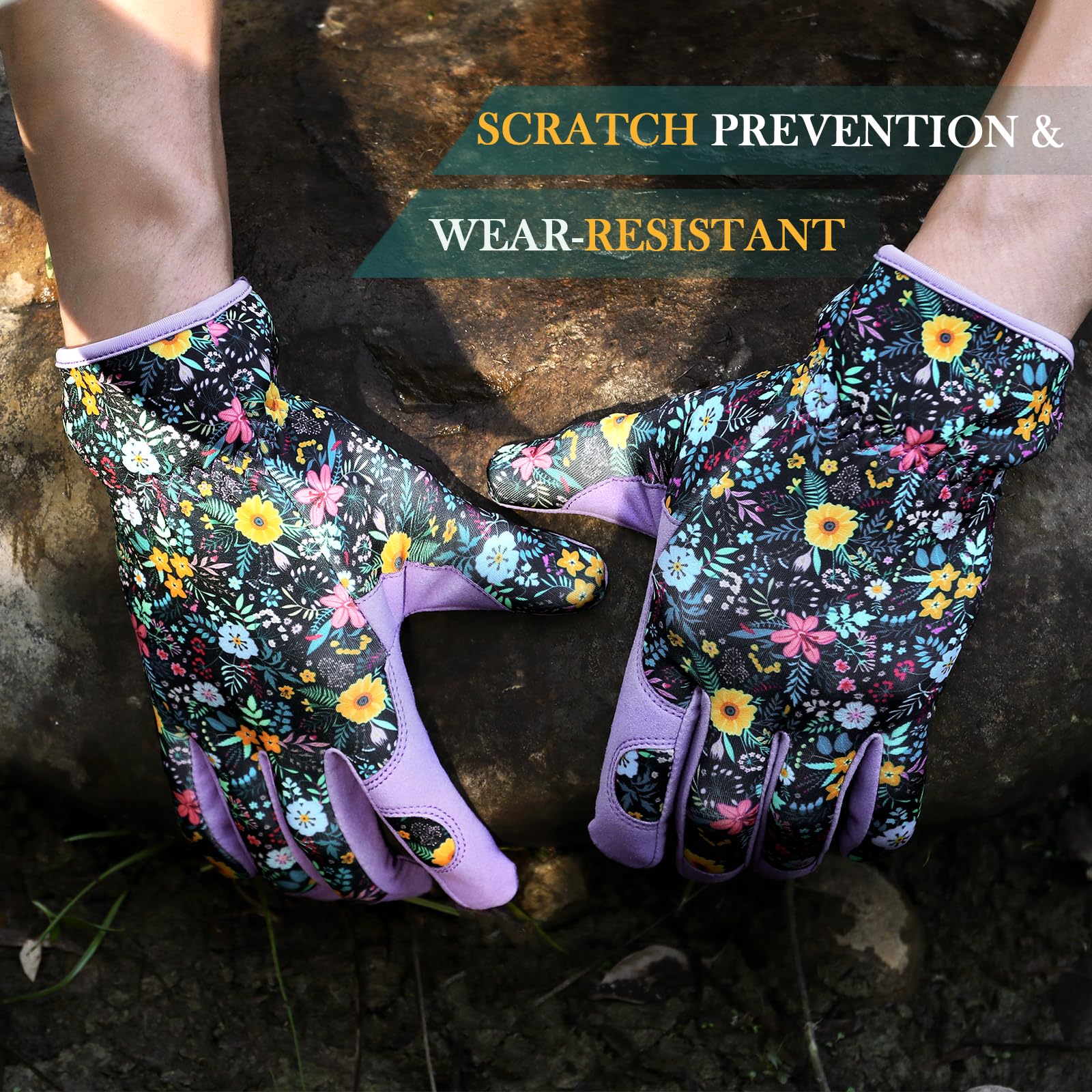 Trifabricy garden gloves back features floral pattern for stylish, motivating gardening sessions.