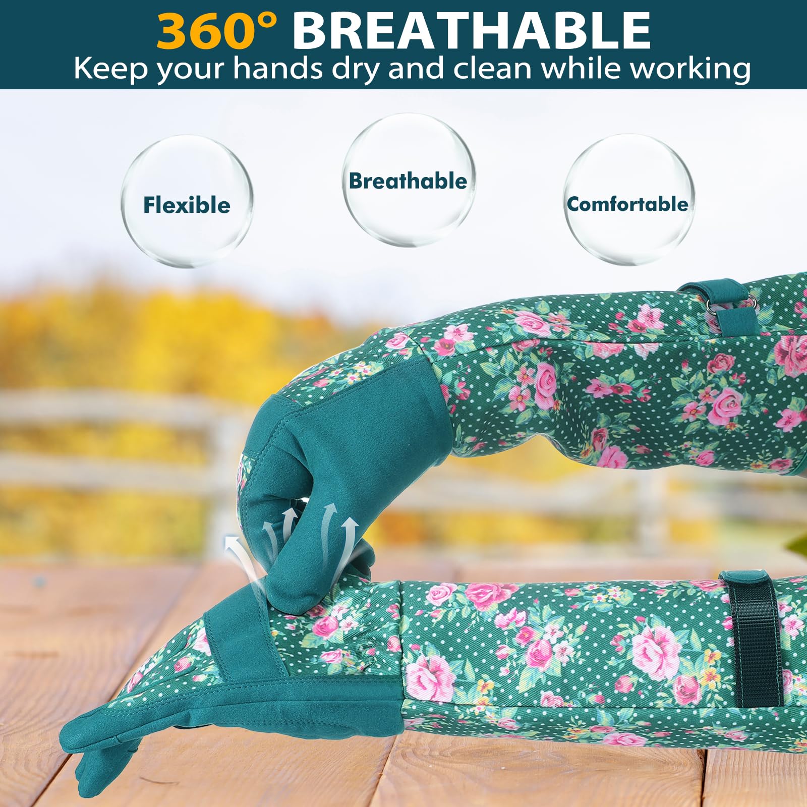 Trifabricy garden gloves women cuff-protection extend up the forearm for thorny work.