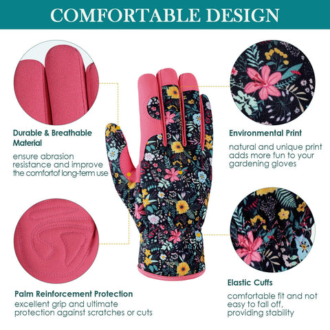 Trifabricy garden gloves with elastic wrist stay secure and dirt-free.