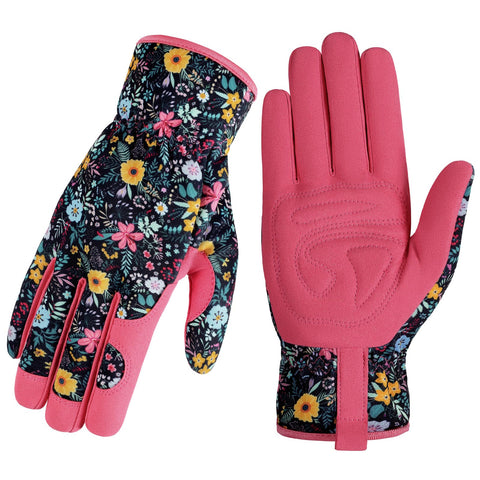 Trifabricy garden gloves for women with floral palm grip for secure tool handling.