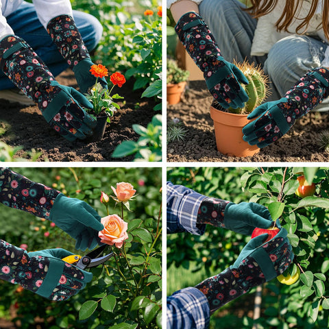 Trifabricy long-cuff gloves protect forearms against thorns and scratches