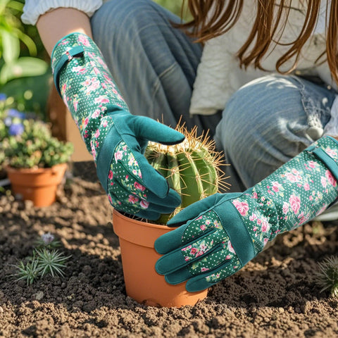 Trifabricy pink-flower pattern gloves brighten garden work and enhance visibility.