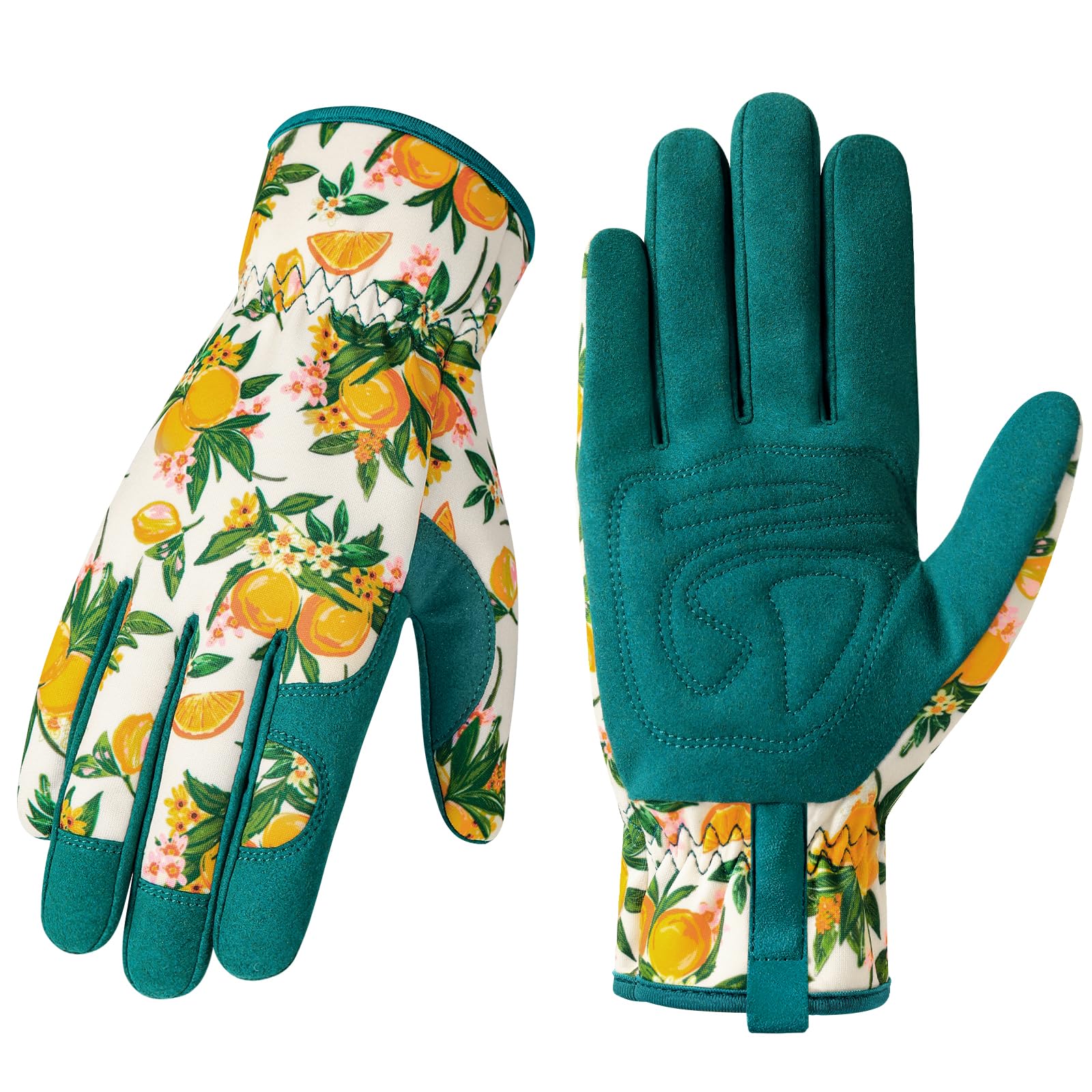 Trifabricy garden gloves for women with floral back and secure grip.