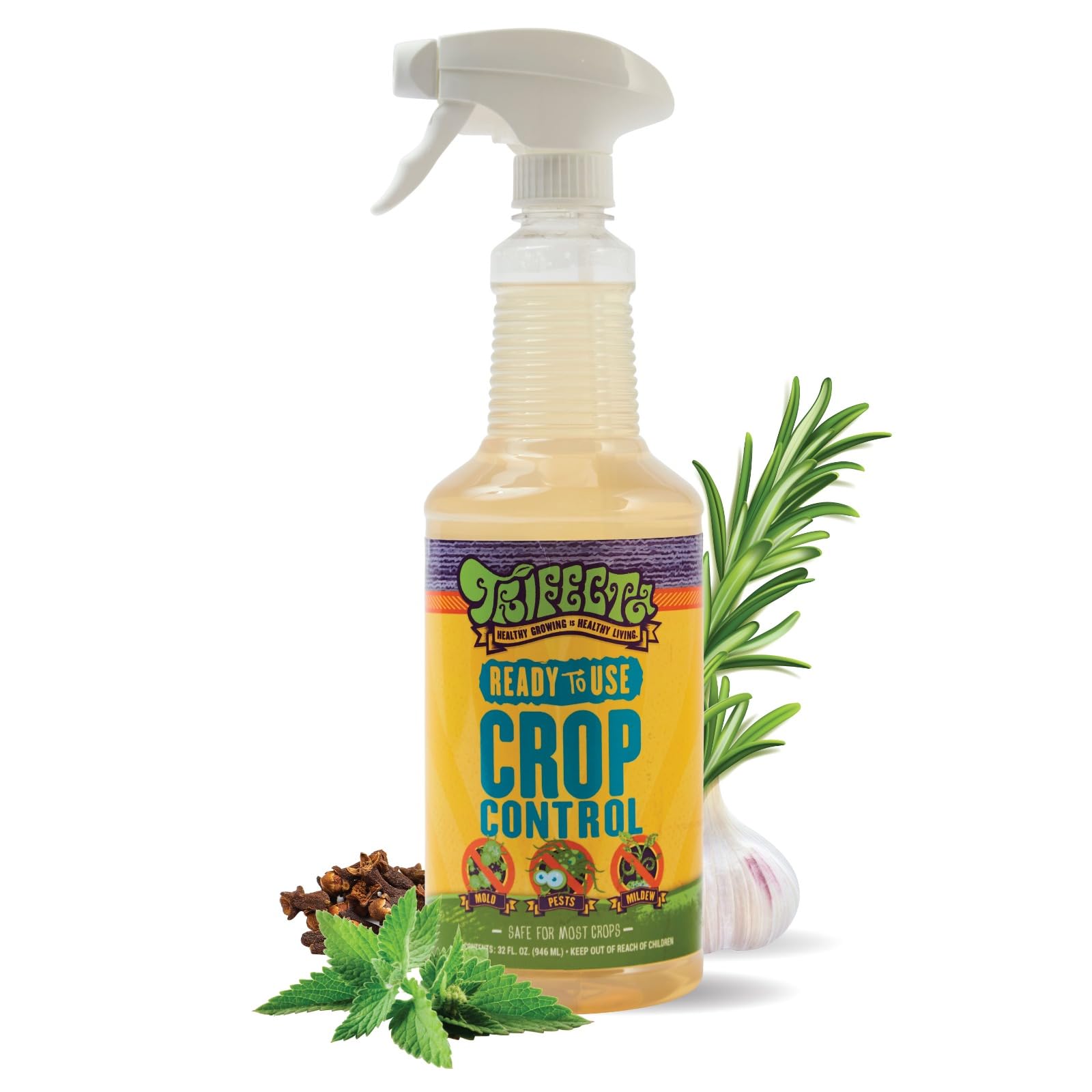 Trifecta Crop Control bottle front illustrating safe pest control for plants.