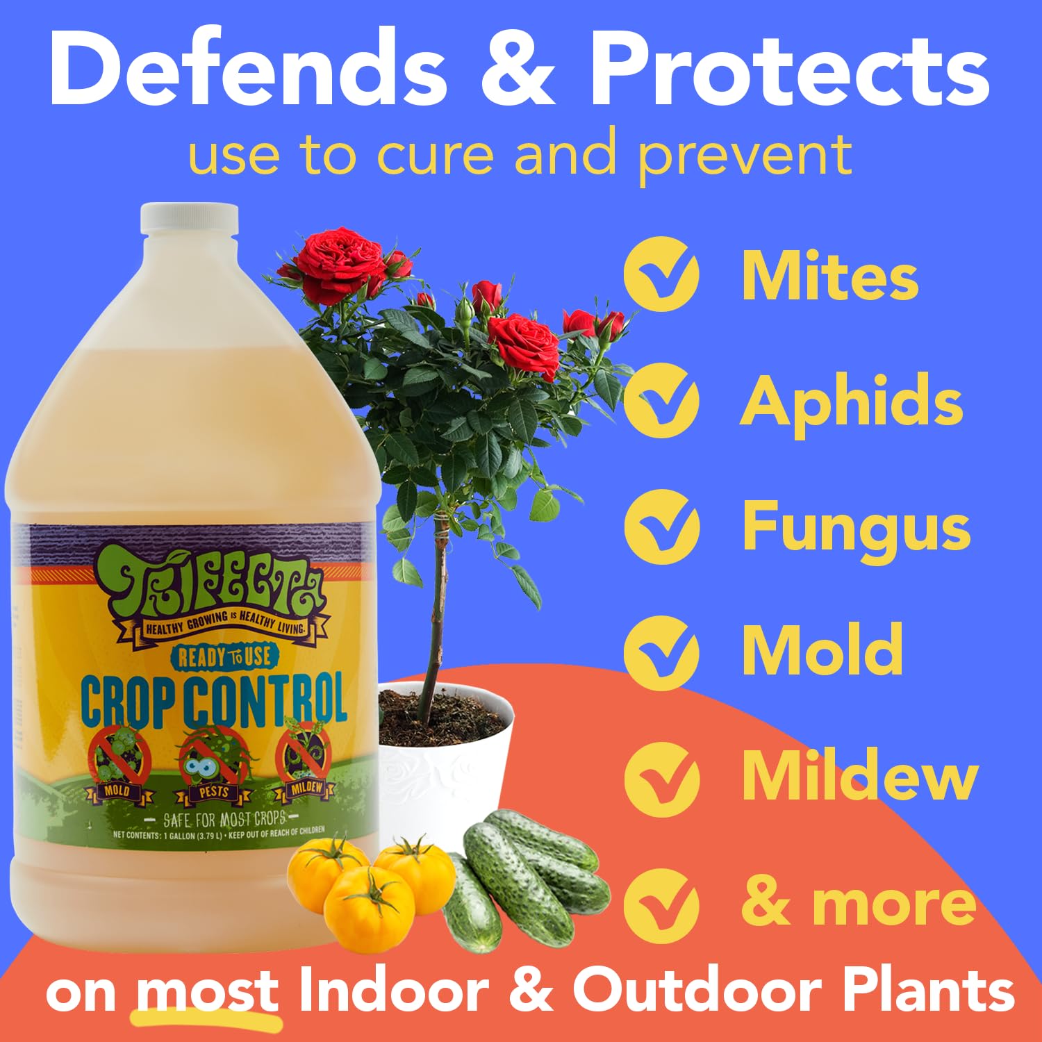 Trifecta Crop Control on houseplant leaves targets mites and aphids effectively.